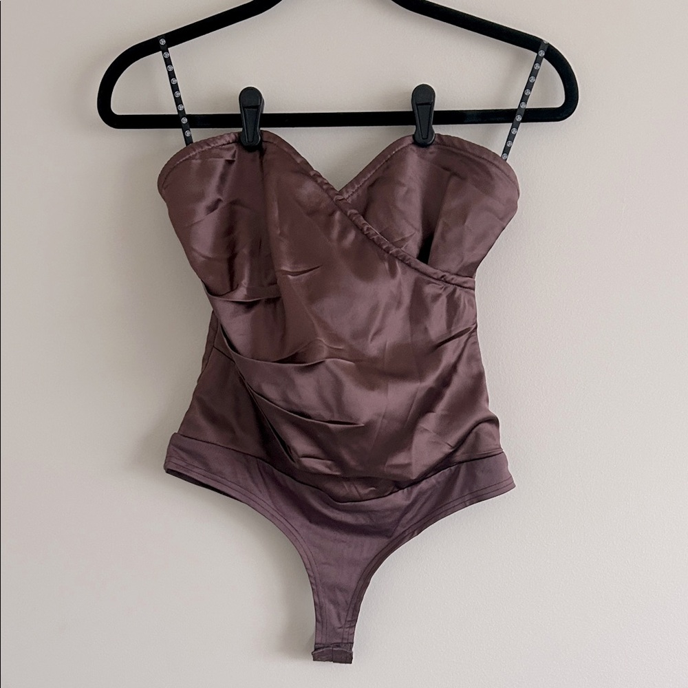 Missguided Wrap Detail Corset Bodysuit Satin Chocolate 6